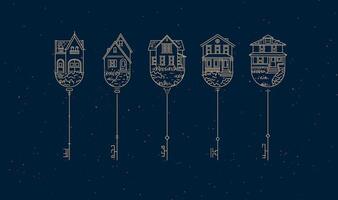 Set of house key collection in modern line style drawing on blue background. vector