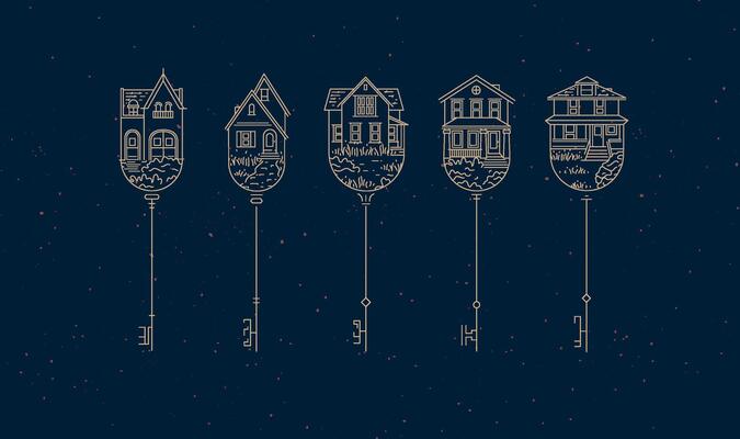 Set of house key collection in modern line style drawing on blue background.