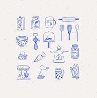 Set of kitchen bakery stuff drawing in handmade graphic primitive casual style on beige background. vector