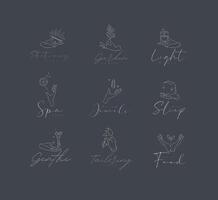 Hand symbol templates pen, branch, candle, dandelion, crystal, moon, scissors, needle, leaf in modern line style drawing on grey background vector