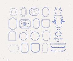 Set of frames and decor elements in handmade graphic primitive casual style on beige background. vector