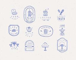 Set of kitchen labels with lettering drawing in handmade graphic primitive casual style on beige background. vector