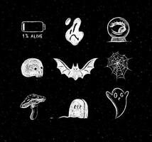 Halloween scary collection ghost, bat, spider, battery, skull, spirit ball, mushroom, headstone elements and icons for decorations in hand drawing style with chalk on chalkboard background vector