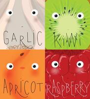 Set of fruits and vegetables muzzles garlic, kiwi, apricot, raspberry drawing in cute cartoon style vector