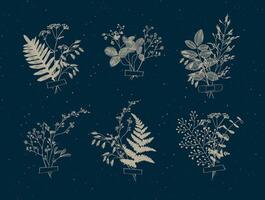 Branches and leaves are collected into a bouquet with sticker drawing in beige color on blue background vector