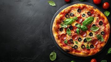 Delicious homemade pizza topped with fresh basil, tomatoes, and olives on a red background photo
