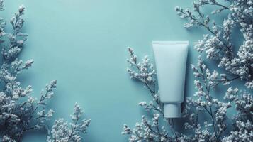 Winter skincare cream jar surrounded by snowflakes and icy blue foliage in a frosty setting photo