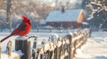Snowy winter scene with a red cardinal near a rustic farmhouse in a quiet countryside setting photo