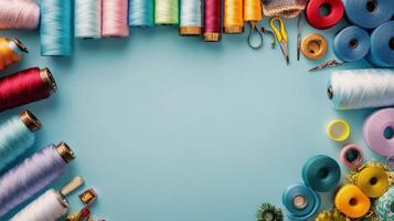 Colorful assortment of sewing threads displayed neatly on a wooden shelf in warm lighting photo