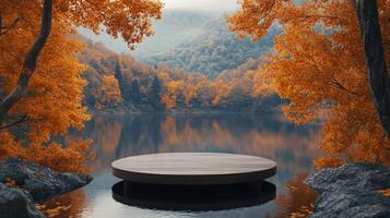 A rustic wooden platform surrounded by colorful autumn leaves in a tranquil forest setting photo