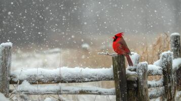 Snowy winter scene with a red cardinal near a rustic farmhouse in a quiet countryside setting photo