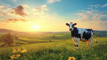 A serene sunset view with a cow grazing in a lush green field on a warm evening photo
