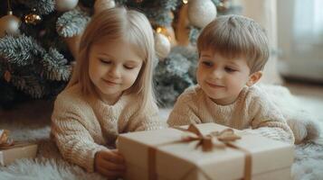 Two happy kids eagerly getting ready to open Christmas gifts in a cozy, festive room photo