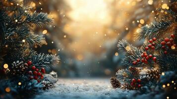 Snowfall in a serene winter landscape with mountains and illuminated trees at night photo