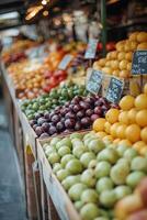 Vibrant street market displaying fresh oranges and local produce during a sunny afternoon photo
