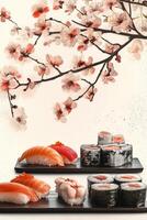 Sushi rolls with fresh salmon, tuna, and shrimp on a textured background photo