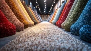 Colorful area rugs neatly rolled in a spacious home decor store showcasing various designs photo