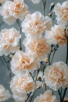 Delicate peach carnations bloom gracefully in a minimalist setting filled with soft lighting photo