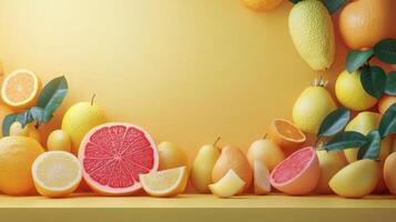Colorful fruits arranged in a vibrant border on a pink background for a cheerful display photo