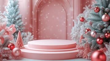 Elegant festive stage design with Christmas trees and decorative elements for the holiday season photo