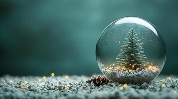 A snow globe featuring a decorated Christmas tree illuminated by soft lights in a winter setting photo