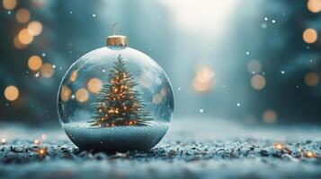 A snow globe featuring a decorated Christmas tree illuminated by soft lights in a winter setting photo