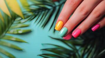 Brightly colored nail polishes arranged artistically on a blue background during daylight hours photo