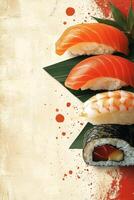 Sushi rolls with fresh salmon, tuna, and shrimp on a textured background photo
