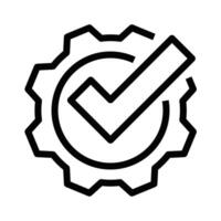 Minimalist icon of a gear with a checkmark, representing quality, approval, and mechanical processes. Editable stroke. vector