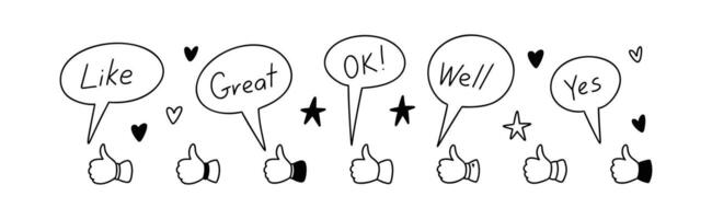 Thumb up cute line doodle icons set. Speech bubble set. Kid school dialog box, think cloud. Handwriting design elements. Crayon scribbles. Sketch like, great, ok, well, yes words vector