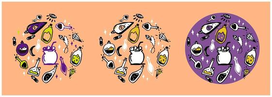 Hand drawn funny halloween theme round background image materials. There are joyful halloween magic potion, pot crystal pendant moon and eye above vector