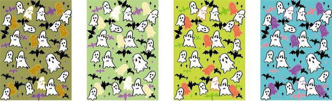 A set of hand drawn Bright and vibrant toned halloween theme background image materials. There are cute ghosts bats and stars above vector