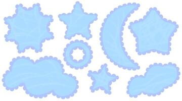 Set of scallop edge frames. Blue shapes textured charcoal chalk on white. Zigzag wavy forms Square, rectangle, circle, oval border Decorative collection design tag, stickers illustrations. vector