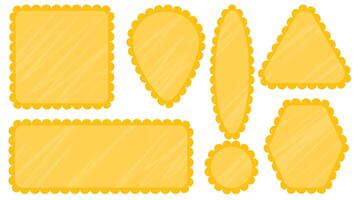 Set of scallop edge frames. Yellow shapes textured charcoal chalk on white. Zigzag wavy forms Square, rectangle, circle, oval border Decorative collection design tag, stickers illustrations. vector
