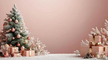 Festively decorated Christmas tree with pink ornaments and gifts on a snowy background photo