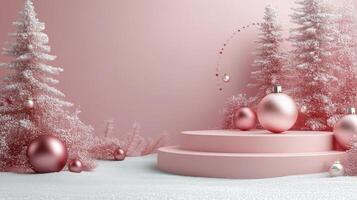 Elegant festive stage design with Christmas trees and decorative elements for the holiday season photo