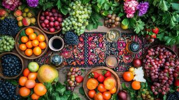 A vibrant spread of fresh fruits and beverages on a textured tablecloth during a sunny gathering photo
