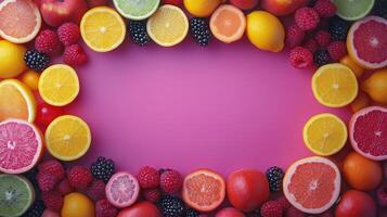 Colorful fruits arranged in a vibrant border on a pink background for a cheerful display photo