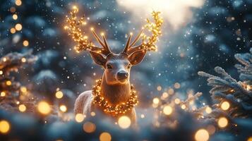 A deer adorned with lights stands amidst a glowing winter forest at dusk photo