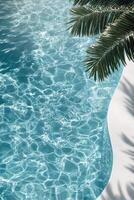 Shimmering poolside scene with a metal ladder against a sparkling blue water background photo