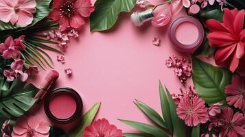 Pink cosmetic products creatively arranged against a textured pink backdrop with sparkling details photo