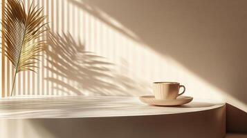 Warm cup of coffee surrounded by roasted beans on rustic wooden table photo