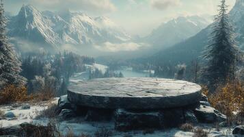 A serene winter landscape with a stone platform overlooking snow-capped mountains at dawn photo