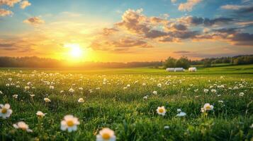 A serene sunset view with a cow grazing in a lush green field on a warm evening photo