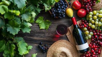 A vibrant spread of fresh fruits and beverages on a textured tablecloth during a sunny gathering photo