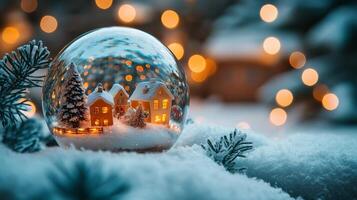 A charming winter snow globe showcasing a cozy village with warm lights surrounded by snow photo