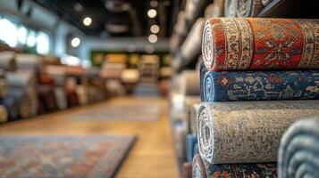 Colorful area rugs neatly rolled in a spacious home decor store showcasing various designs photo