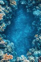 Vibrant coral reef underwater ecosystem teeming with colorful marine life in clear blue waters photo