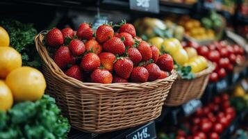 Colorful fruit market display on a sunny day with shoppers enjoying fresh produce photo