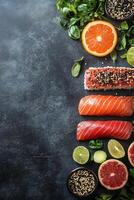 Sushi rolls with fresh salmon, tuna, and shrimp on a textured background photo